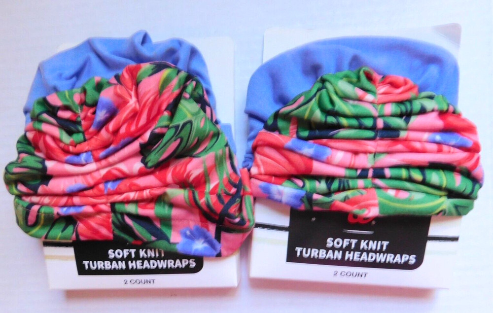 Soft Knit Turban Headwraps TWO Packs of 2 Purple Floral Full Coverage
