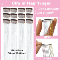 Hair Tinsel Pack of 12 Pcs Clip in Hair Tinsel 19.6Inch Glitter Tinsel Hair Exte