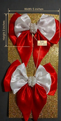 Set of 2 Handmade Red & White Satin Bow Hair Bows w/ Pearl Center 5″