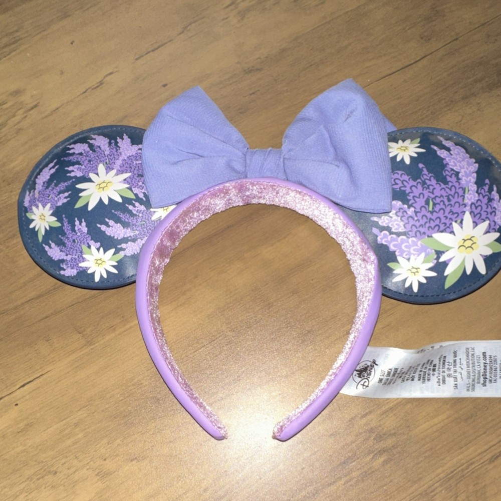 Disney Minnie Mouse Ear Headband Floral Pattern Purple Fabric Bow