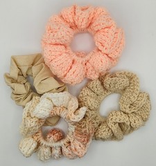 Handmade Scrunchie Set Lot of 4 Crochet Fabric Hair Ties Peach Tan Beige Neutral