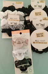 10 Conair Hair Items Scunci Items/ 2pkgs. (120) elastics, Brush, Barrettes etc