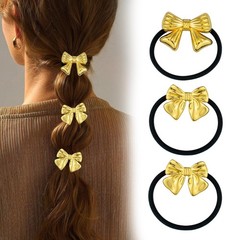3PCS Gold Bow Hair Ties – Polished Metal Hair Cuffs, Elegant Ponytail Holders…