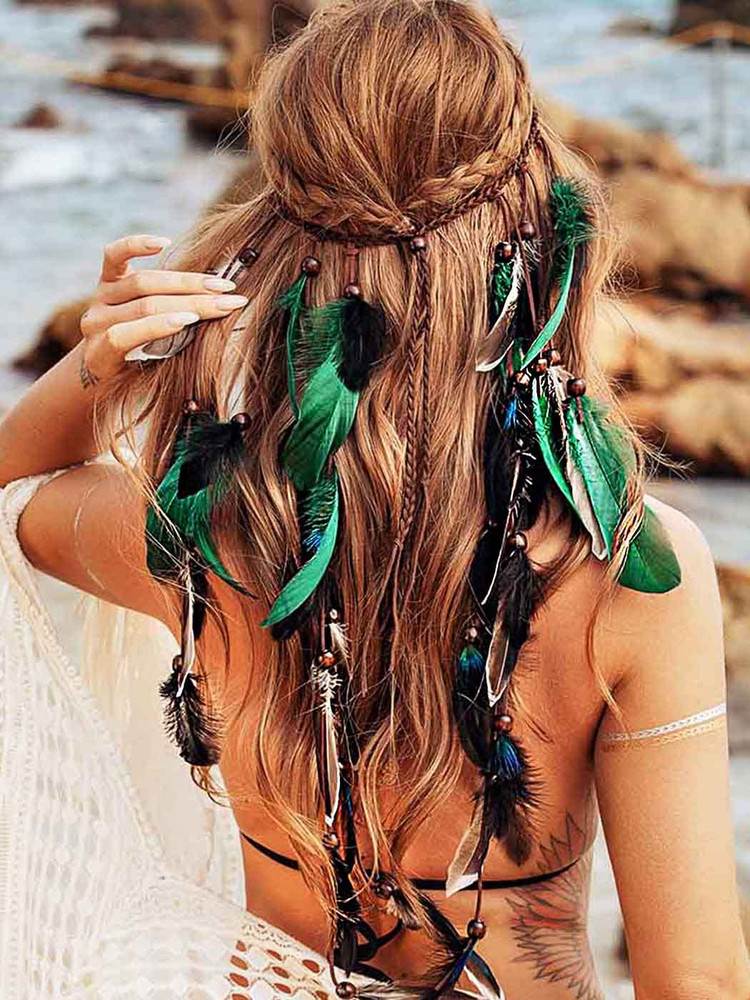 Boho Feather Headband Gypsy Headpiece Indian Headdress Hippie Hair Accessories f