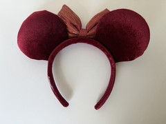 Burgundy Mouse Ears Headband Floral Fabric Bow, Women Teens Unisex