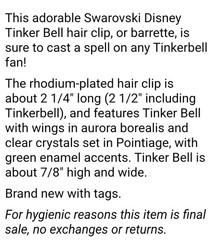 Swarovski Disney Tinker Bell Crystal Hair Clips / Barretts