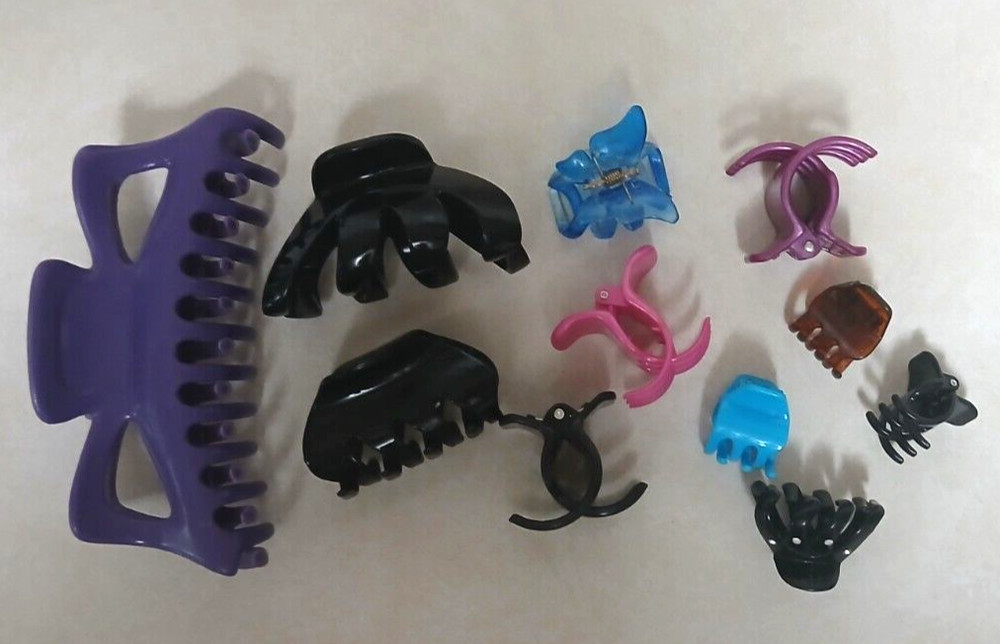 Lot of 11 Plastic Claw Hair Clips Various Sizes & Colors Butterfly Rhinestones