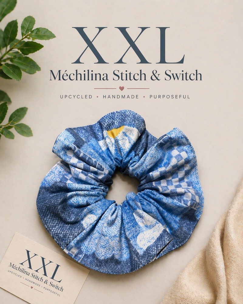 XXL Jumbo Scrunchies 100% Cotton for Thick Hair Blue Denim Style | Handmade