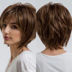 Short Hair Wigs with Bangs Dark Brown Highlight Blonde Pixie Cut Wig for Women
