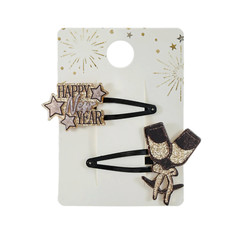 New Years Celebration Glittery Snap Hair Clips 2 Pack Champagne Glasses Stars