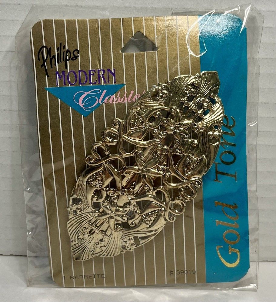 Vintage NOS PHILIPS Barrette Hair Clip Gold Tone Ornate Metal 4” #39019