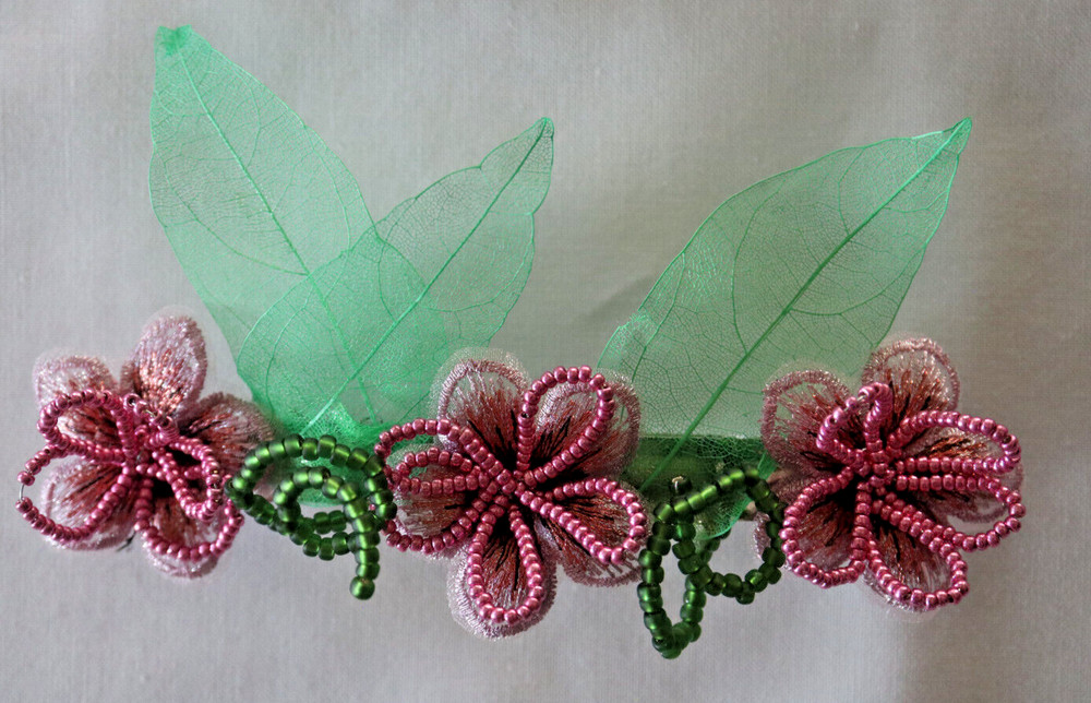 BARRETTE HAIR CLIP HAND BEADED OVER EMBROIDERED PURPLE/PINK FLOWERS 5″