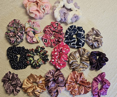 Assorted homemade scruncies for thin hair in various sizes