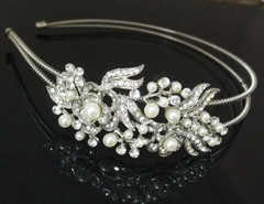 Bridal Wedding Jewelry Crystal Rhinestone Pearl Duo Flowers headband Silver