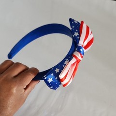 Blue Patriotic Padded Fabric Headband w/ Red White Blue Stars Bow for Girls