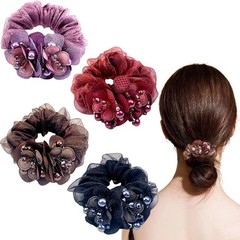 4 PCS Flower Hair Scrunchies for Women Rhinestone 4 Count (Pack of 1), A
