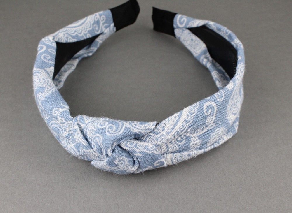 Light Blue denim turban knot headband fabric covered grip teeth paisley chambray