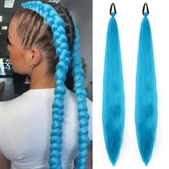 2Pcs Purple Long Straight Synthetic Ponytail Extension Rubber Band Women Hair