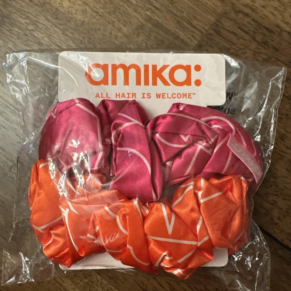 Amika Large Fuschia & Orange Satin Hair Scrunchies Ties Bands Set of 2
