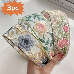3Pc Women’s Boho Floral Embroidered Headband Wide Hair Band Set AU