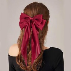 3 Women Solid Color Long Big Bow Float Satin Spring Clip Back Head Hair Clip