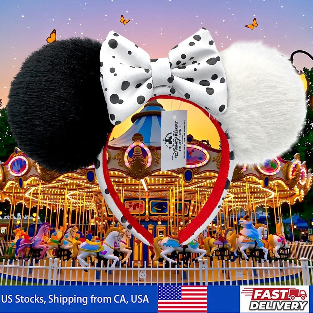 Disney-Parks Black & White Dalmatian Spot Minnie Ears Headband with Spotted Bow