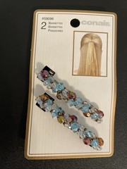 Vintage Conair Blue Beaded Barrettes Classic Silver Metal