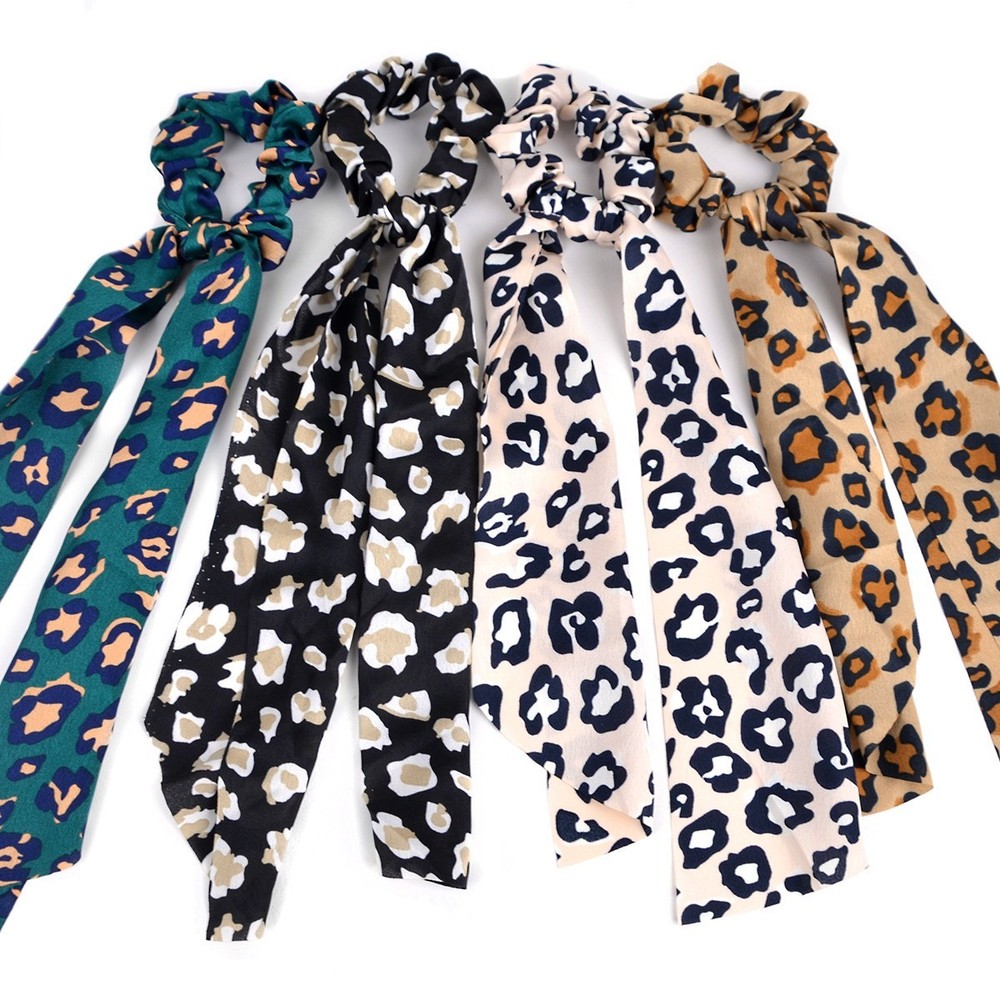 Nollia 4 Sets Cheeta Print Scrunchies With Matching Hair Ties, Satiny Fabric