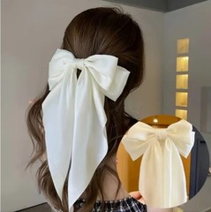 Ivory Cream Satin Stylish Bow with Big Ribbon Hair Clip All Hair Types Non Slip