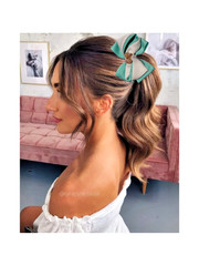 🌿 Boutique Handmade Turquoise & White Ribbon Bow Hair clip with Gold Accent