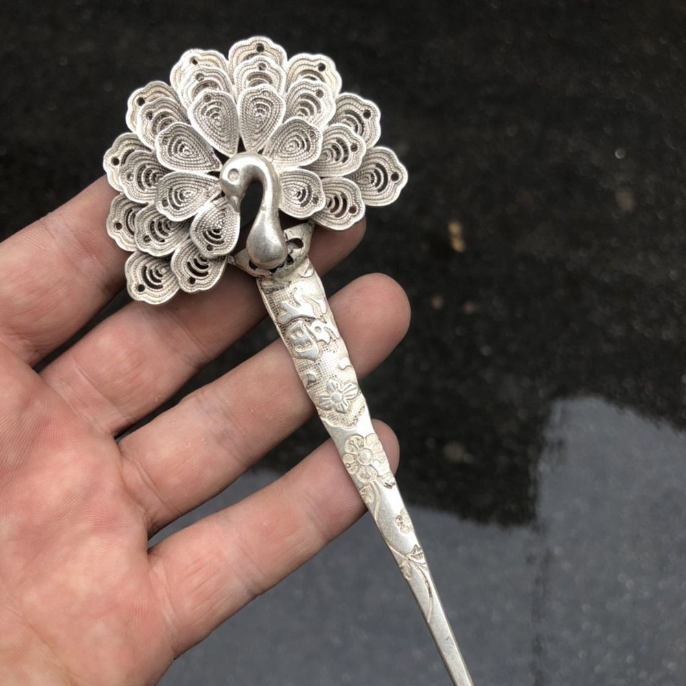 Retro China Antique Old Collection Woman Fashion Hairpin Gift Peacock Hairpin