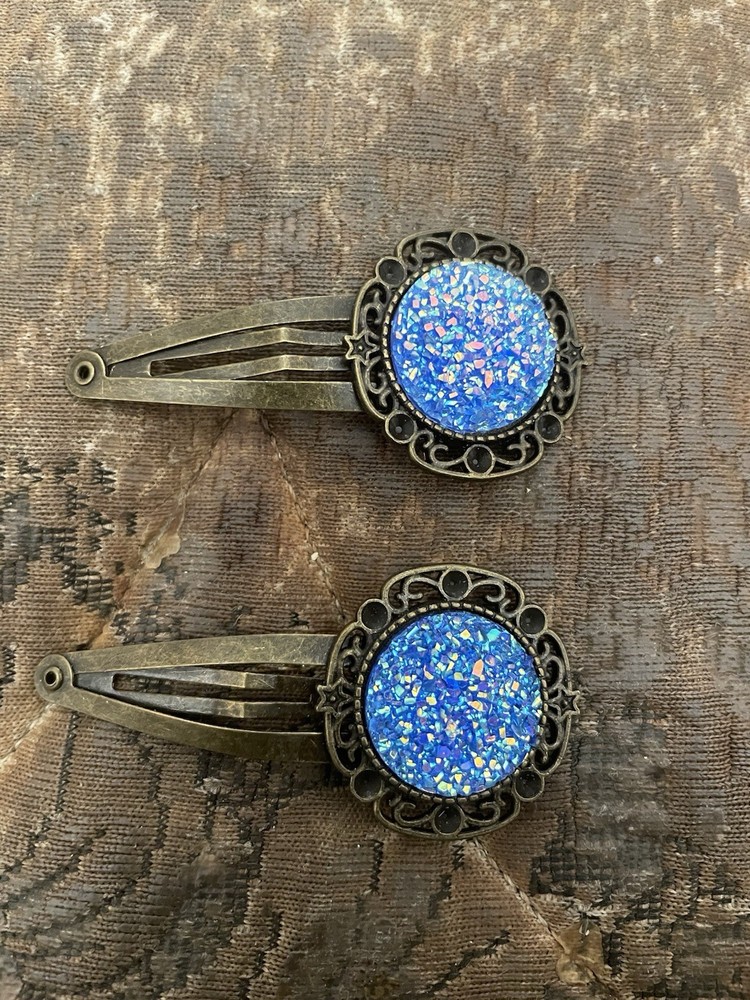 (2) Retro Galaxy Blue Druzy Glitter Vintage Bronze Snap-in Large Hair Clips
