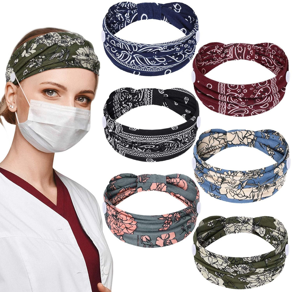 WILLBOND 6 Pieces Nursing Headbands with Buttons for Nurses Doctor Women Boho Ba