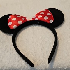 Minnie Mouse Ears Headband Black Fabric with Red & White Polka Dot Bow