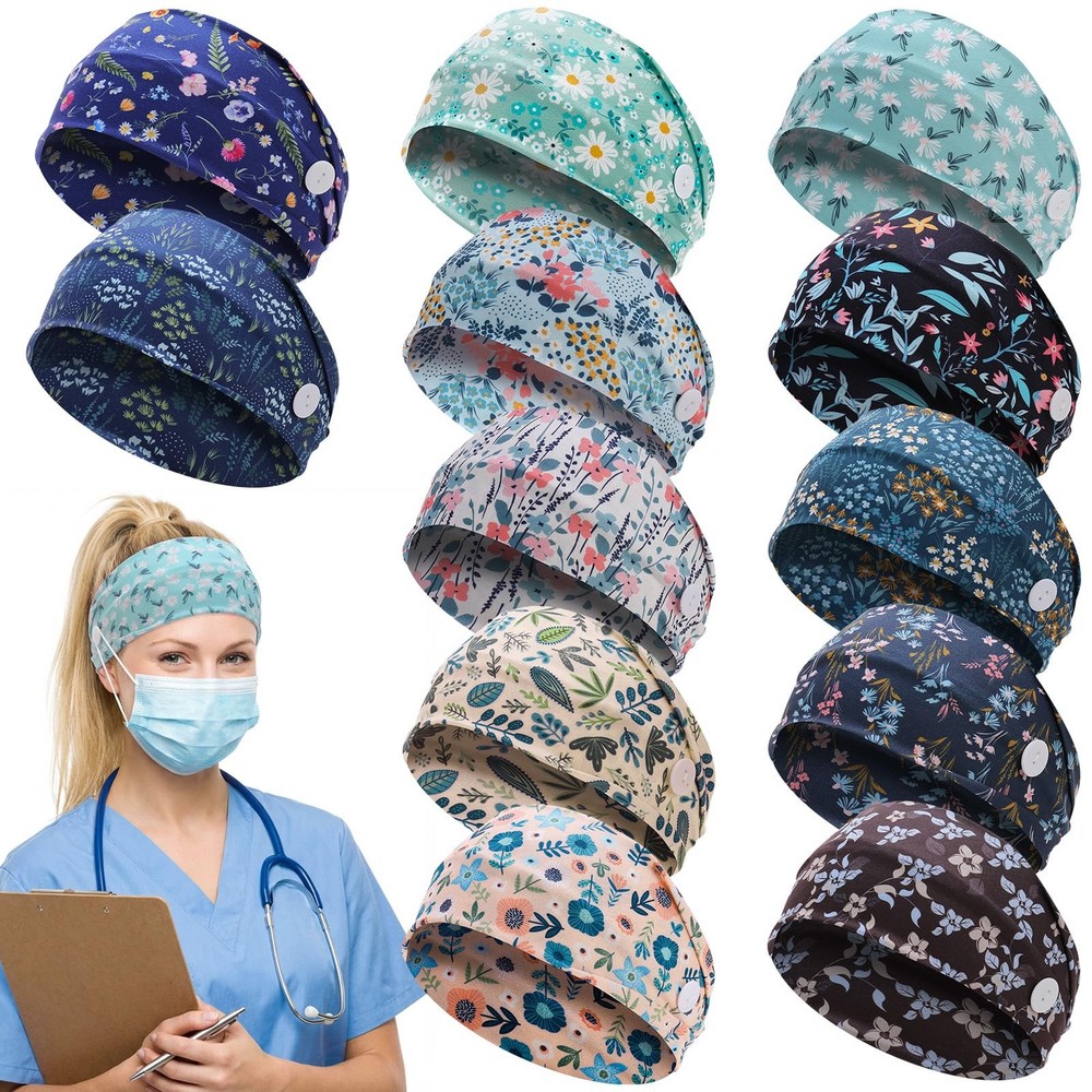 12Pack Nurse Headbands with Buttons NonSlip Floral Ear Protection