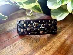 CHANEL Black Resin and Metal Camellia & CC Logo Embellished Barrette