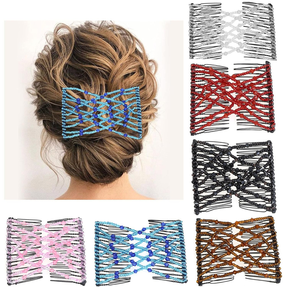 6 Pieces Magic Hair Comb Elastic Beaded Hair Clips Women Stretchy Bride Double