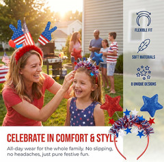 8Pcs 4Th of July Headbands, Patriotic Red White Blue USA Flag Star Headband Deco