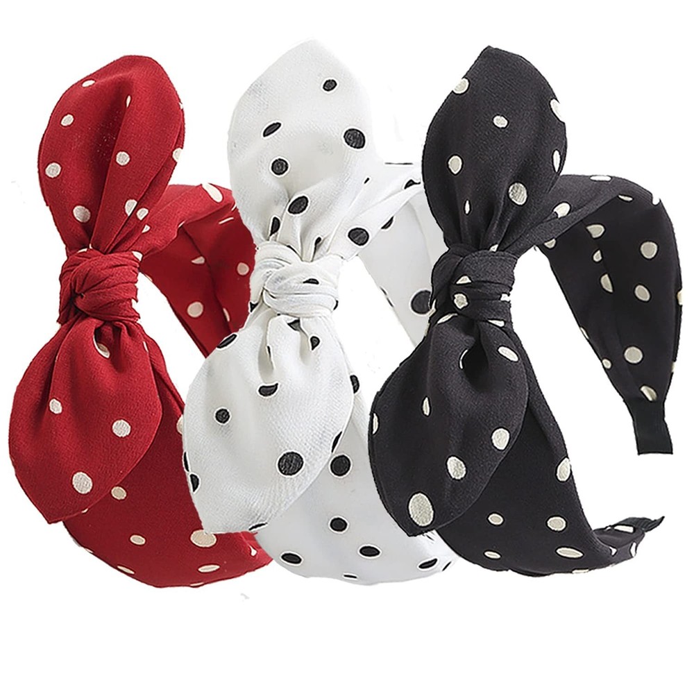 3 Pack Bow Headbands for Women,Wide Polka Dot Headband for Women Rabbit Ear Hair