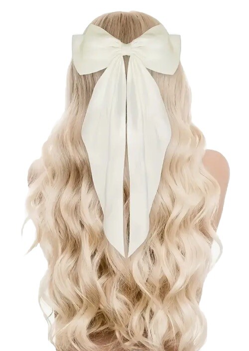 Ivory Cream Satin Stylish Bow with Big Ribbon Hair Clip All Hair Types Non Slip