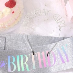 Birthday Girl Crown and Sash, Silver Princess Tiara Happy Birthday Headband P…