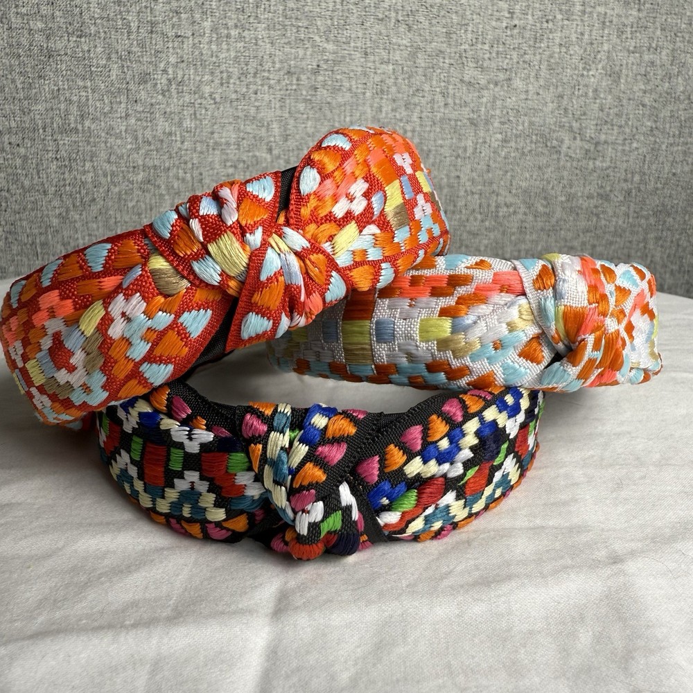 Lot 3 Aztec Mexican Indian Embroidered Woven Pink Yellow Orange Knotted Headband