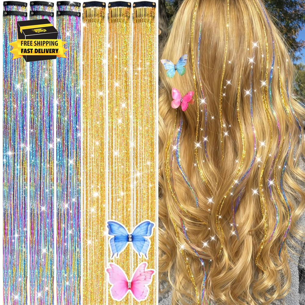 Clip in Hair Tinsel Kit 26 Inch 12 Pcs, Colorful Glitter Fairy Hair Extensions f