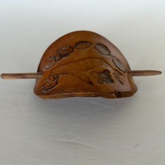 Hand Made Leather Oval Barrette w Whale Design w Stick 5.5″ Long