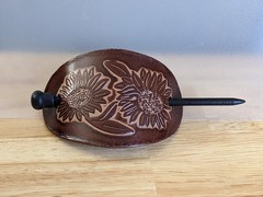 LEATHER TOOLED FLOWER BUN WRAP WITH WOODEN STICK UP DO HAIR ACCESSORY