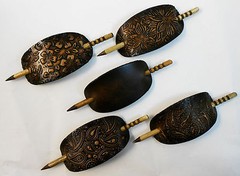 2 Large Hand Crafted Leather Stick Hair Barrette, Ponytail, Oval Many Designs