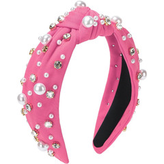 Elegant Pearl Knotted Headband with Rhinestones for Women – Hot Pink