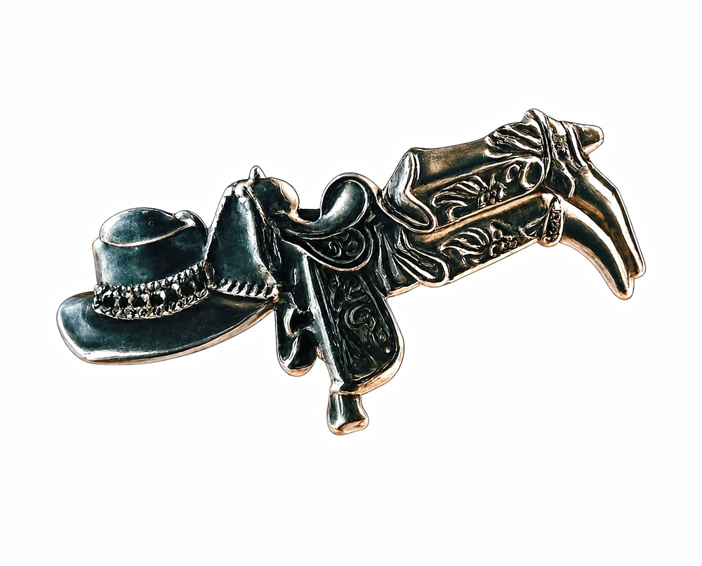 Western Cowboy Hat & Boot Barette Silver Tone Metal Vintage Korea Stamp