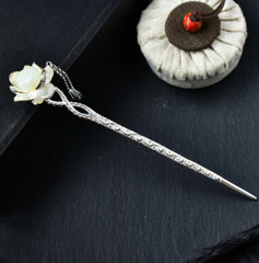 Hot Retro Silver Chinese Hetian Jade Lotus Hairpin Hanfu Hair Stick