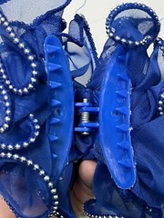 Vintage 80s 90s Big Royal Blue silver bead Hair Bow Barrette Claw Clip Ribbon